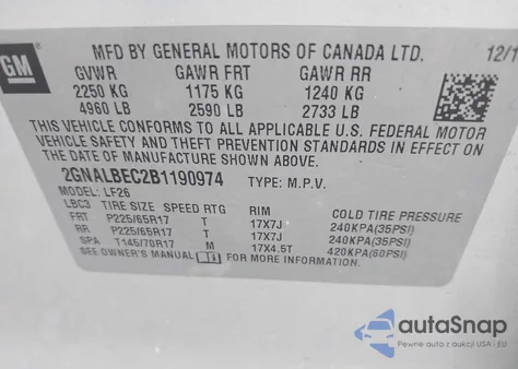 2011 Chevrolet Equinox Ls z USA, uszkodzony, nr VIN 2GNALBEC2B1190974